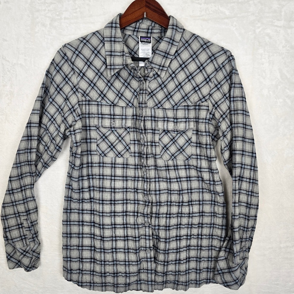 Patagonia Womens Highlands Long Sleeve Plaid Shirt Grey Blue Organic Cotton Sz 6